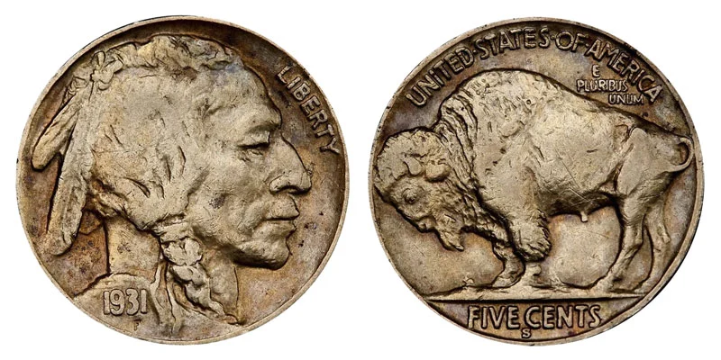 1931-S Buffalo Nickel obverse and reverse showing Native American portrait and American bison with S mint mark