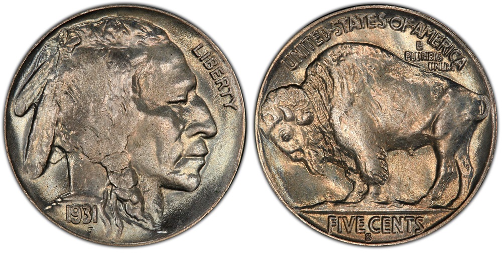 1931-S Buffalo Nickel DDR FS-801 comparison: normal reverse versus doubled die reverse showing doubling on FIVE CENTS and E PLURIBUS UNUM