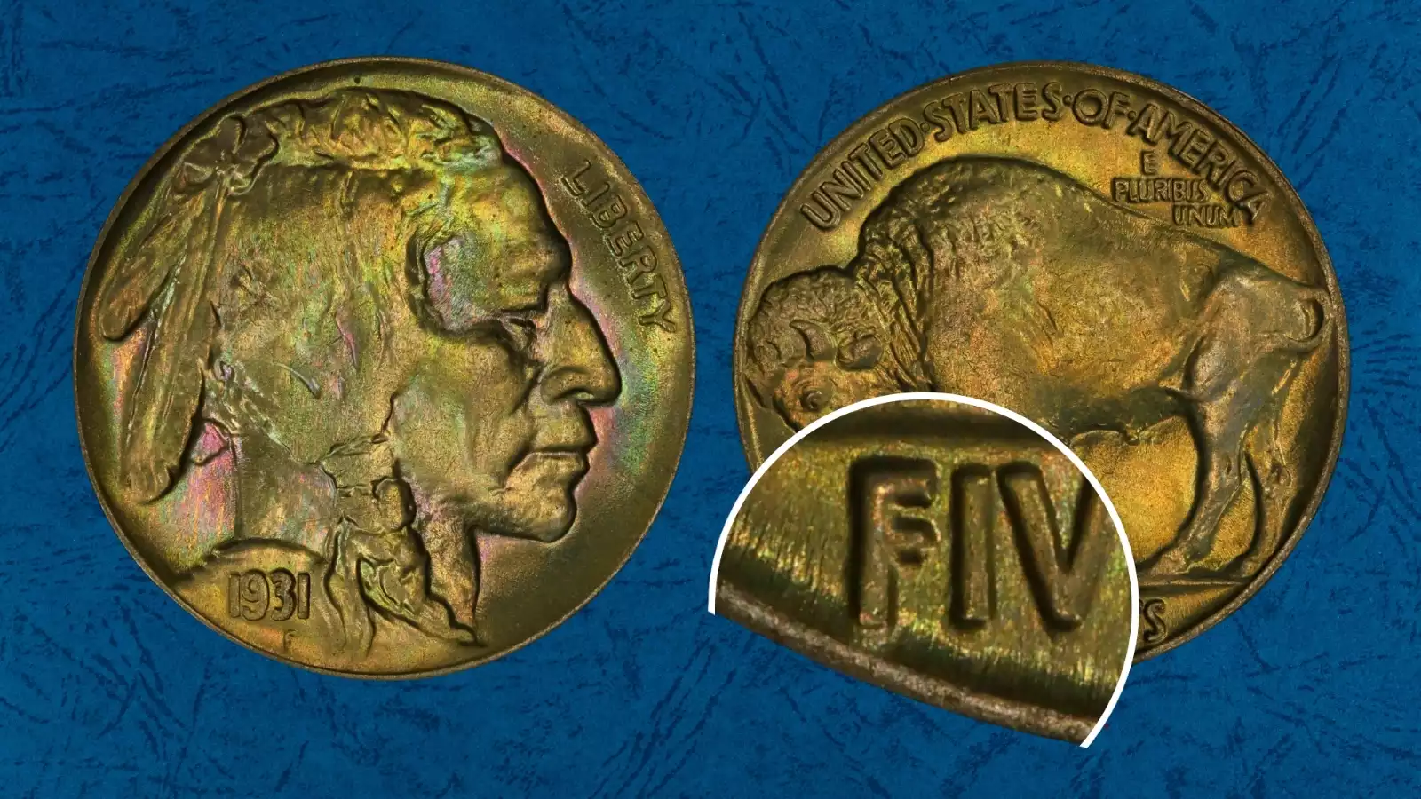 1931-S Buffalo Nickel DDR FS-801 doubled die reverse close-up showing doubling on FIVE CENTS lettering