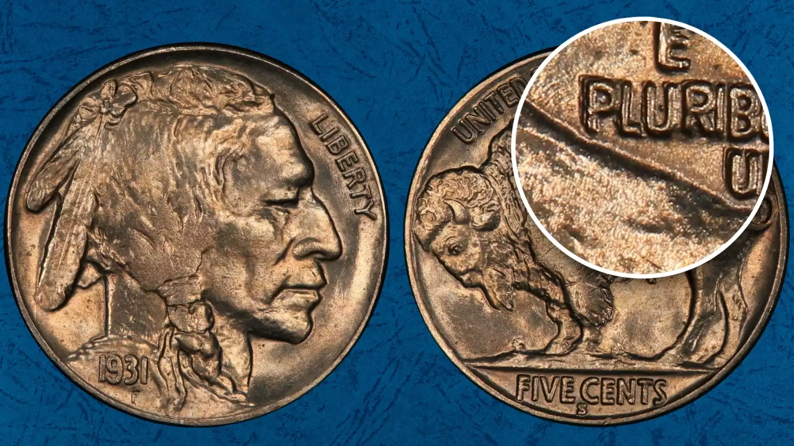 1931-S Buffalo Nickel DDR FS-802 doubled die reverse close-up showing secondary variety doubling on reverse lettering