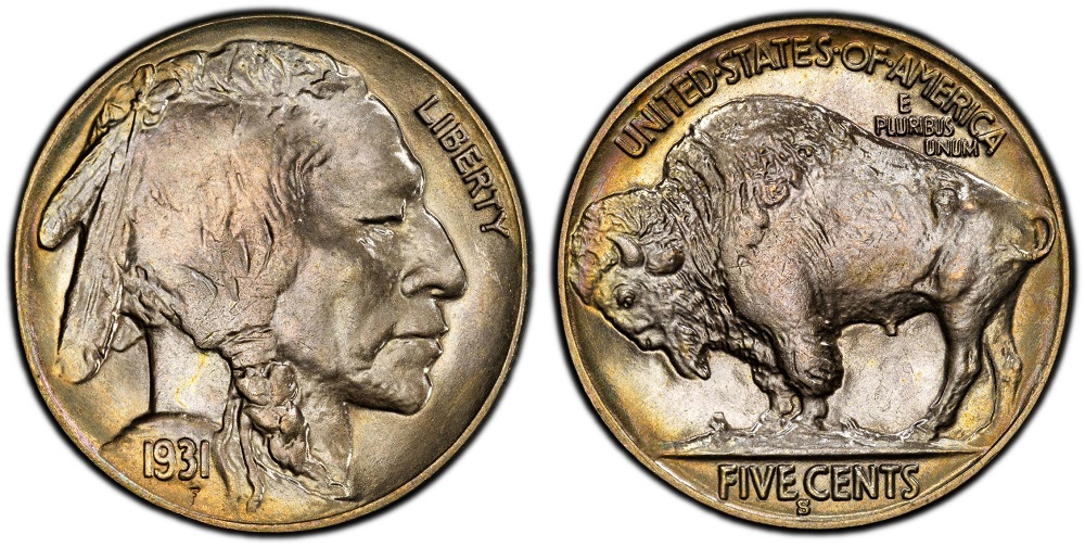 1931-S Buffalo Nickel grading strip showing four condition tiers: worn Good, circulated Very Fine, About Uncirculated, and Gem Mint State